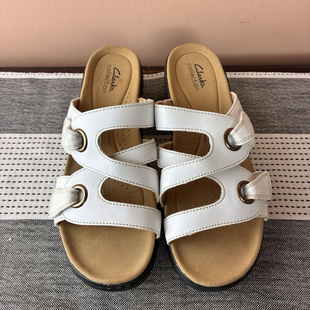 Clarks Merliah 2 Cove Women White Leather Wedge Sandals Size 10 Wide